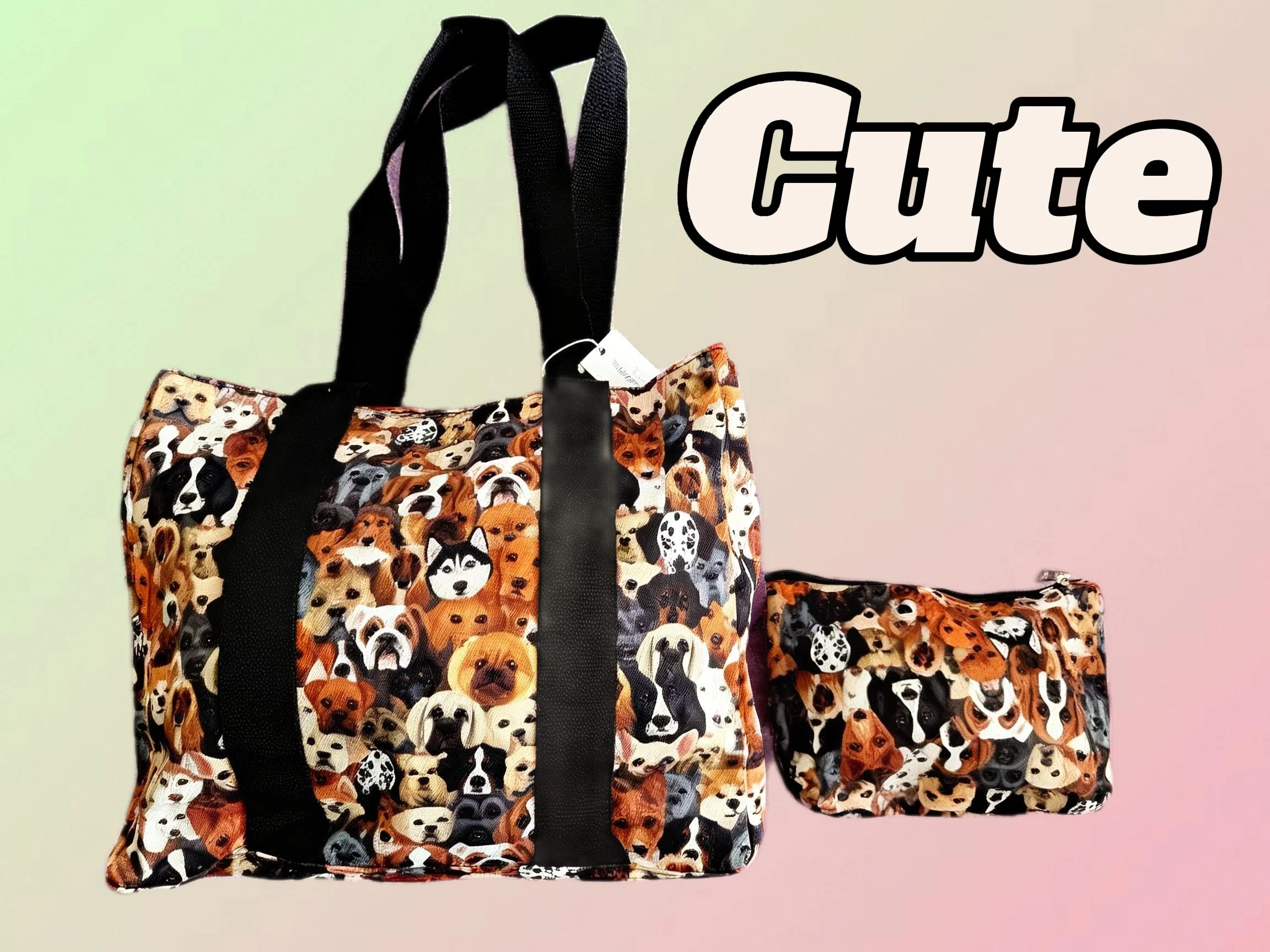 All over dog print tote bag with matching makeup bag