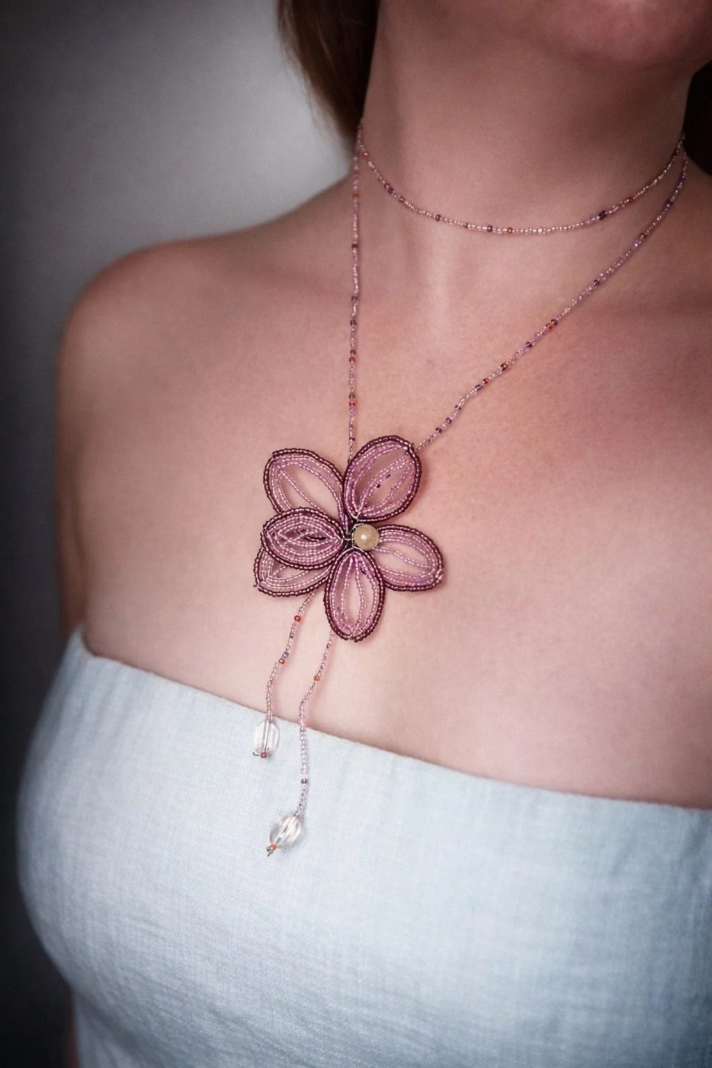 Pastel French Beaded Flower Necklace