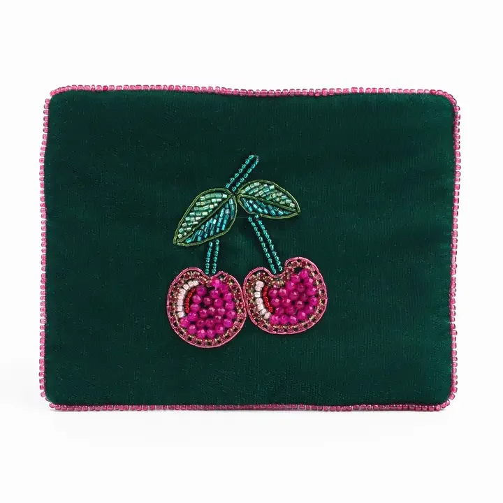 Cherry Green Velvet Small Pouch