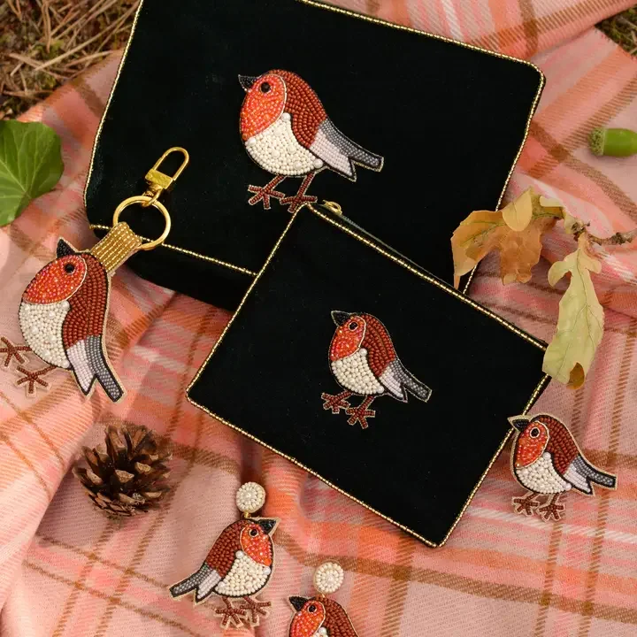 Dark Green Robin Small Velvet Pouch