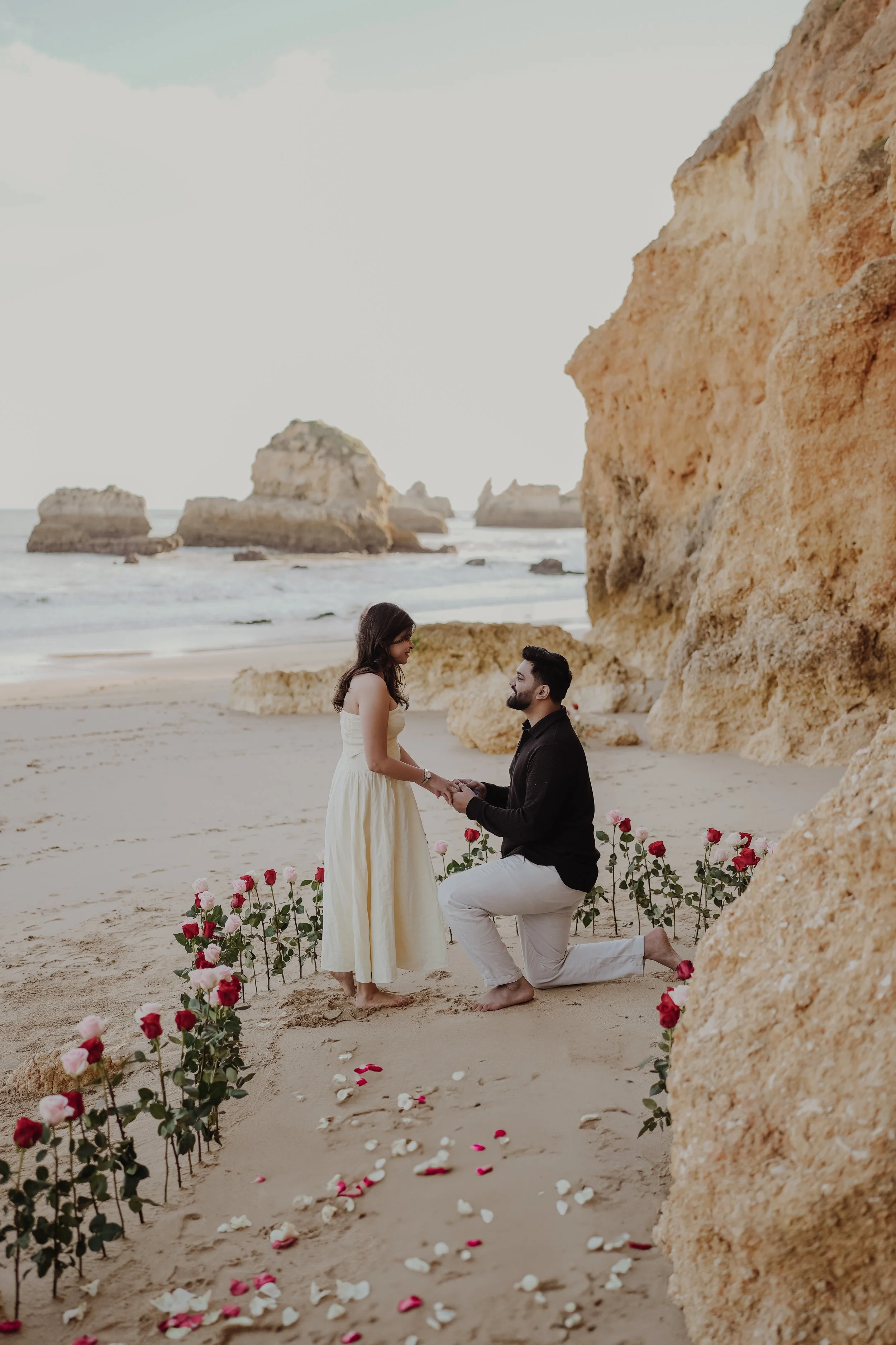A man proposing to a woman on a beach surrounded by pink and white roses with rocky cliffs and the ocean in the background.