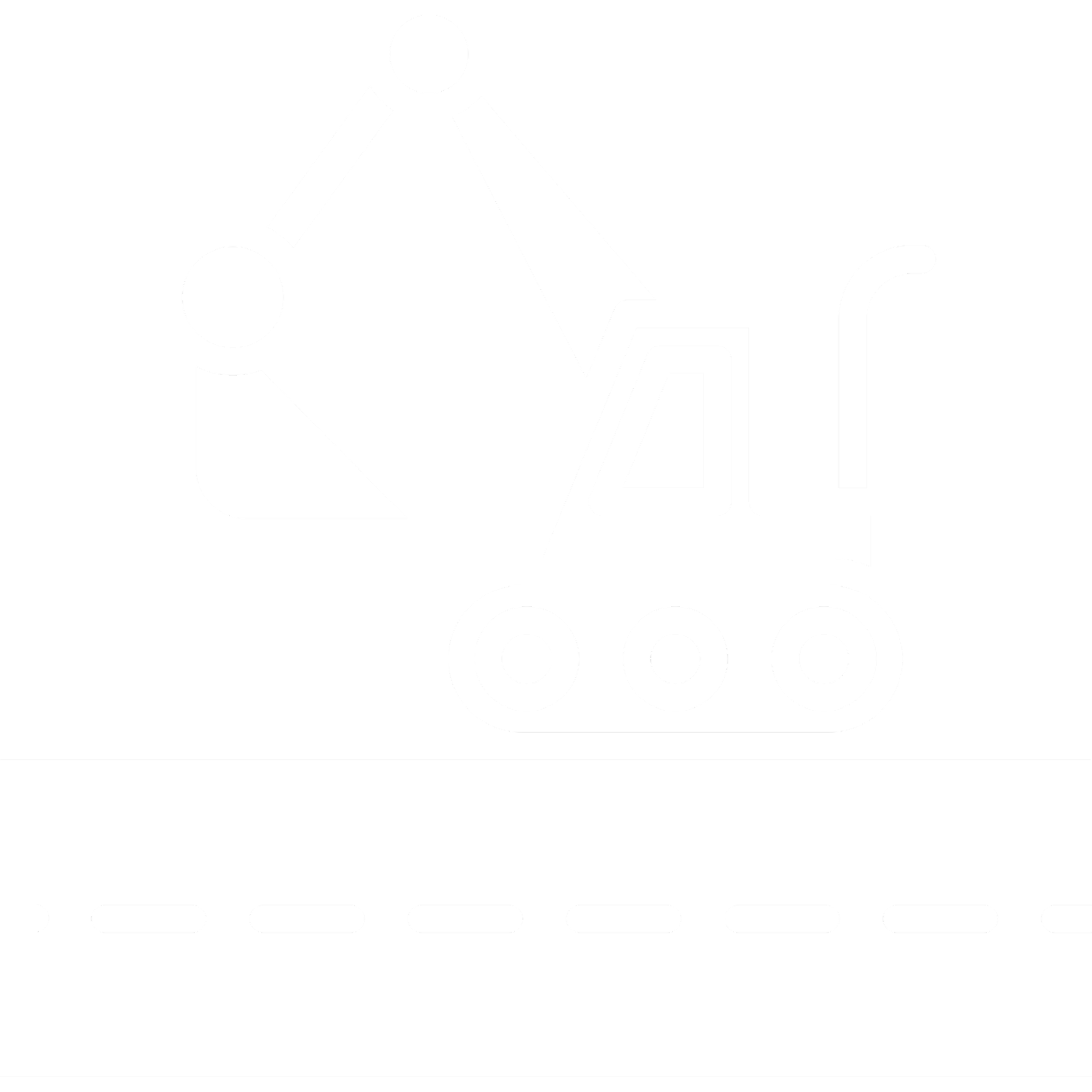 Construction excavator icon with a bucket and tracks, on a black and white background.