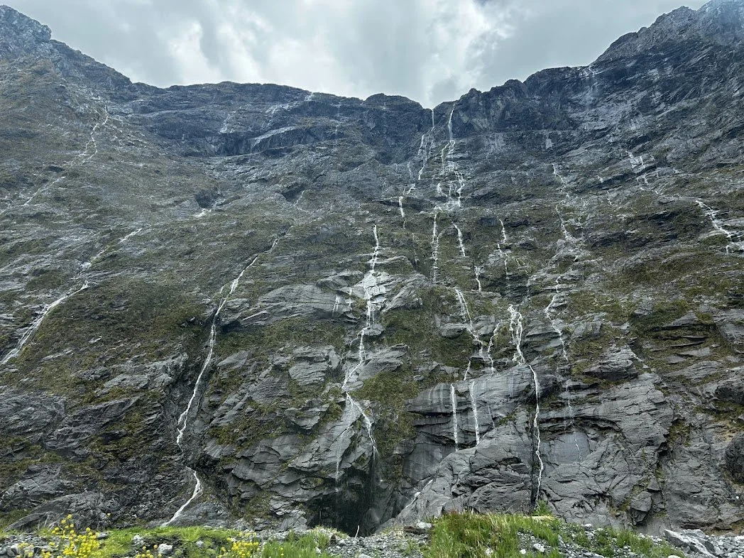 Tall rocky mountain with multiple small waterfalls cascading down its steep face, green grass and yellow wildflowers at the base, and a cloudy sky overhead.