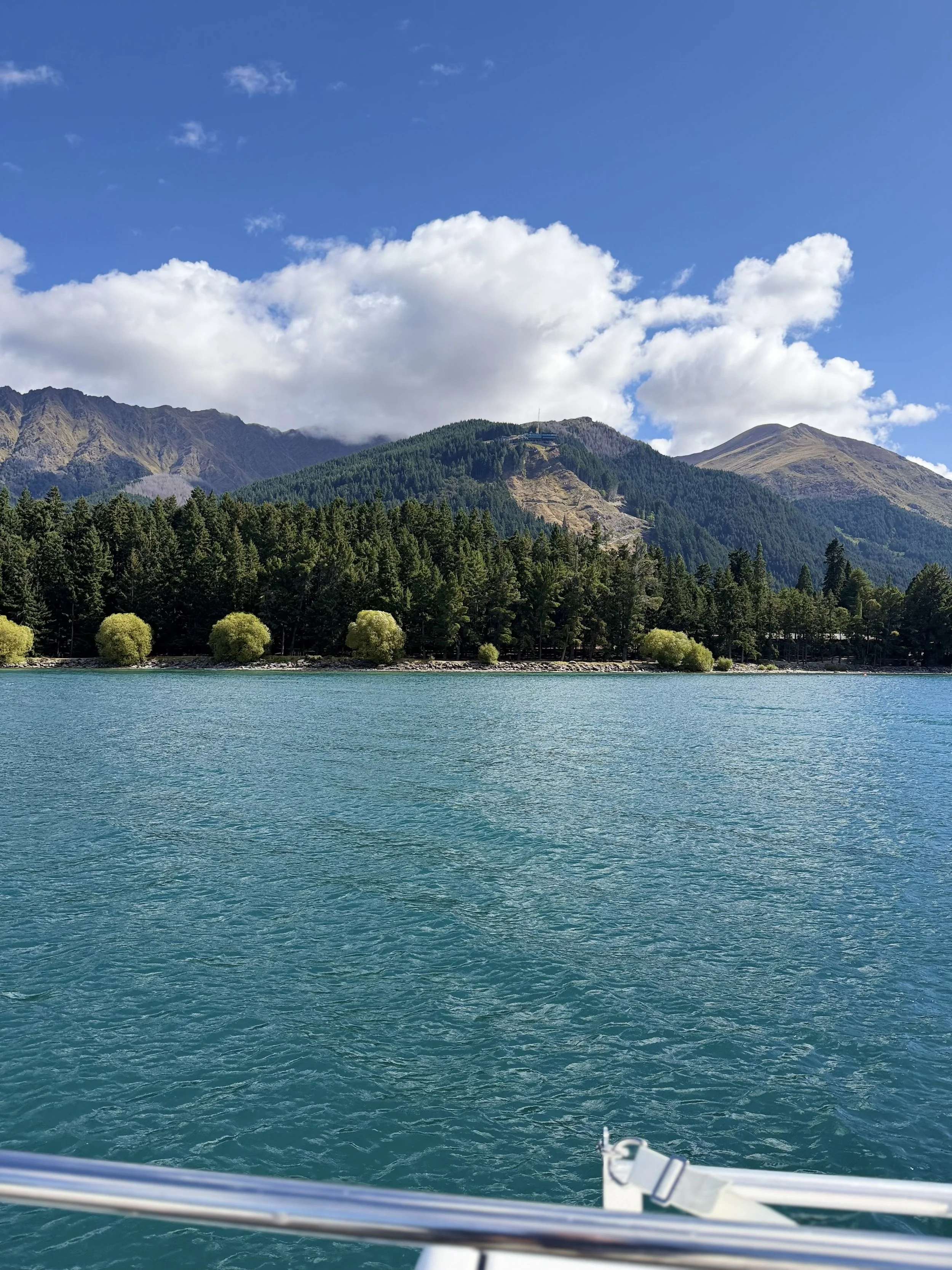 View of a lake with a forested shoreline and mountains in the background under a partly cloudy sky.