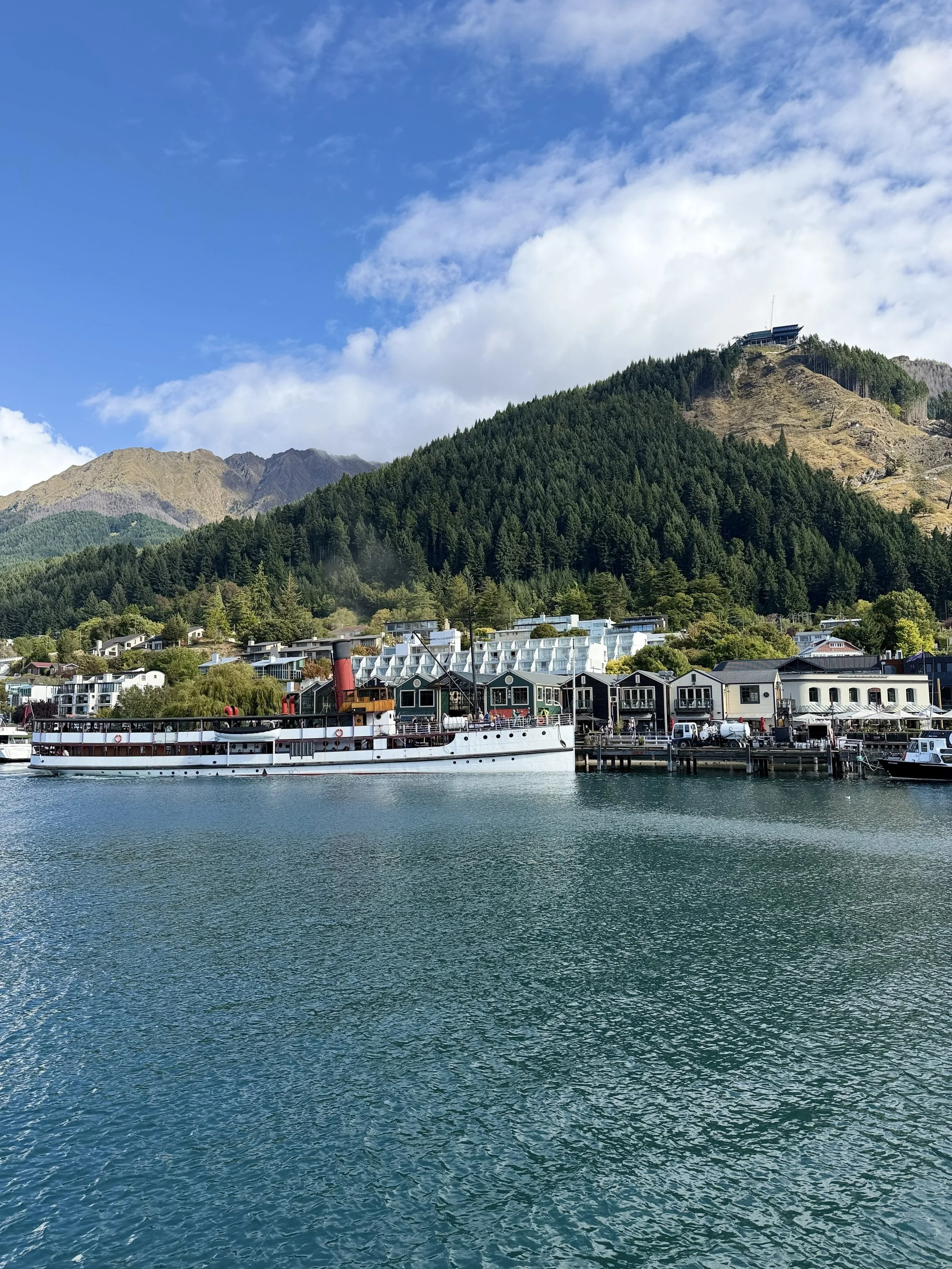 A harbor with a vintage steamship docked in front of colorful buildings, with a forested mountain and blue sky in the background.