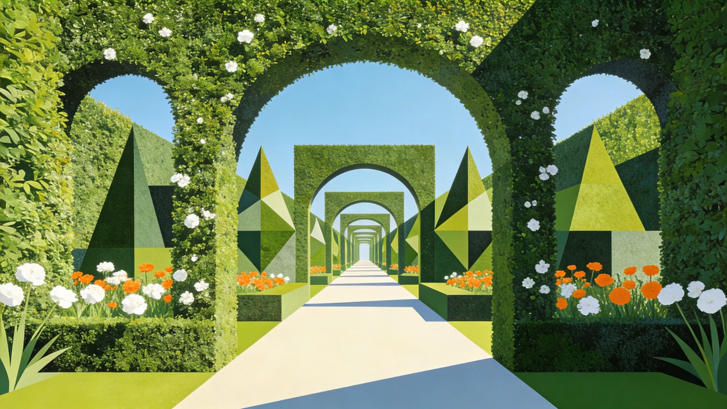 A vibrant garden pathway with multiple arches covered in greenery, leading into a geometric-designed landscape with colorful flowers and clear blue sky.
