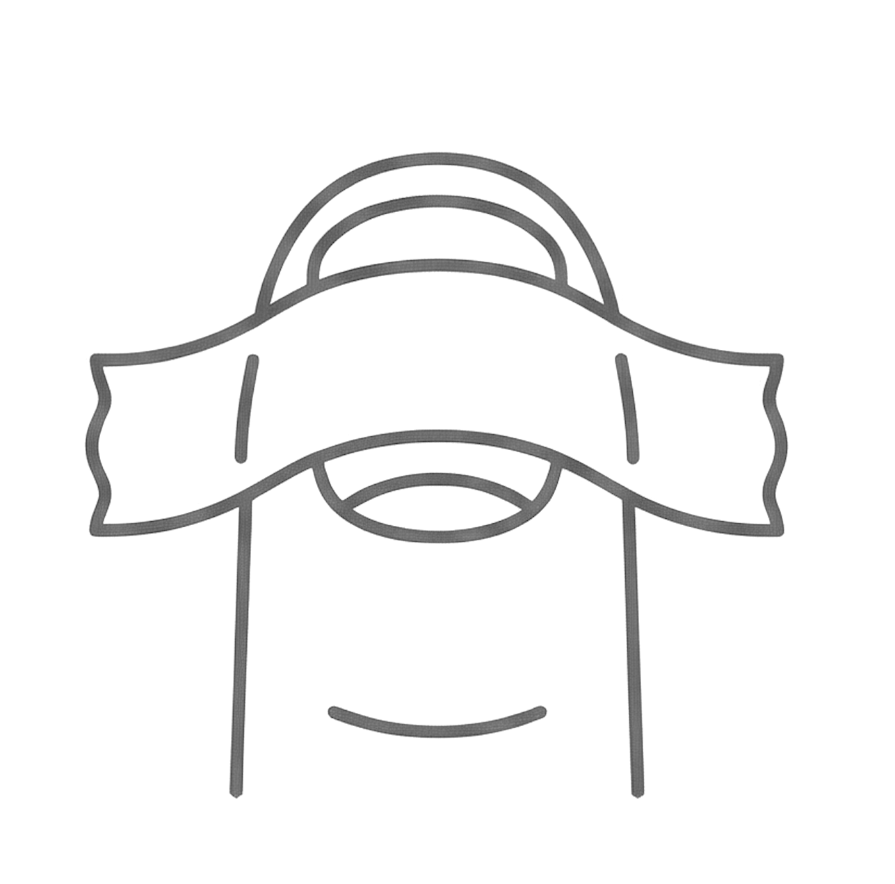 Line drawing of a person wearing a hat and mask, with a banner across the face.