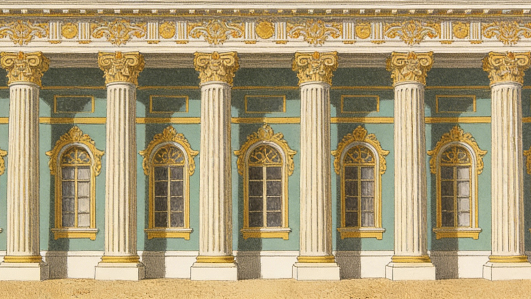 Painting of a classical building with gold-accented green walls, tall Corinthian columns, and arched windows.