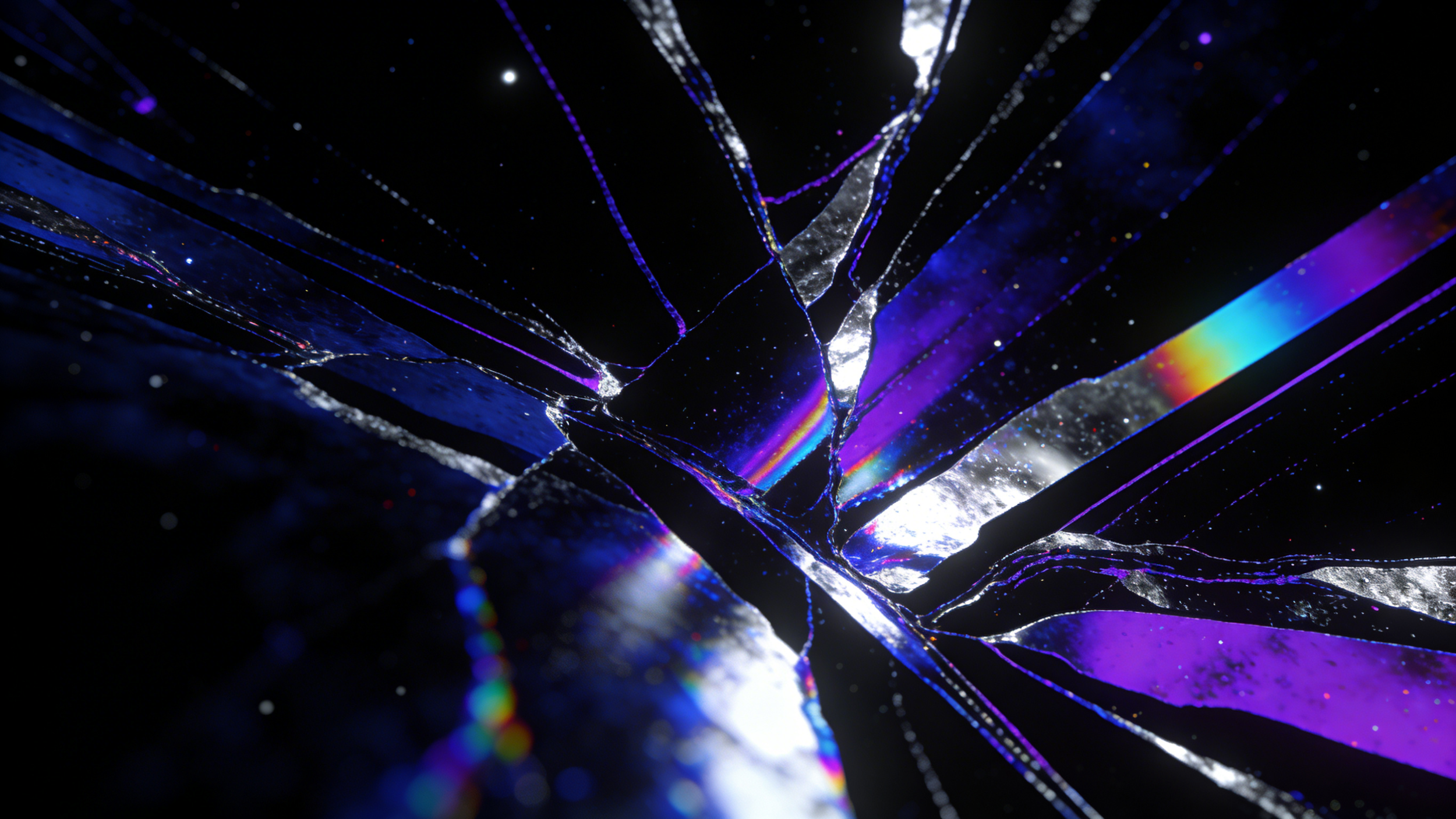 Close-up of shattered reflective glass with iridescent rainbow colors on a black background.
