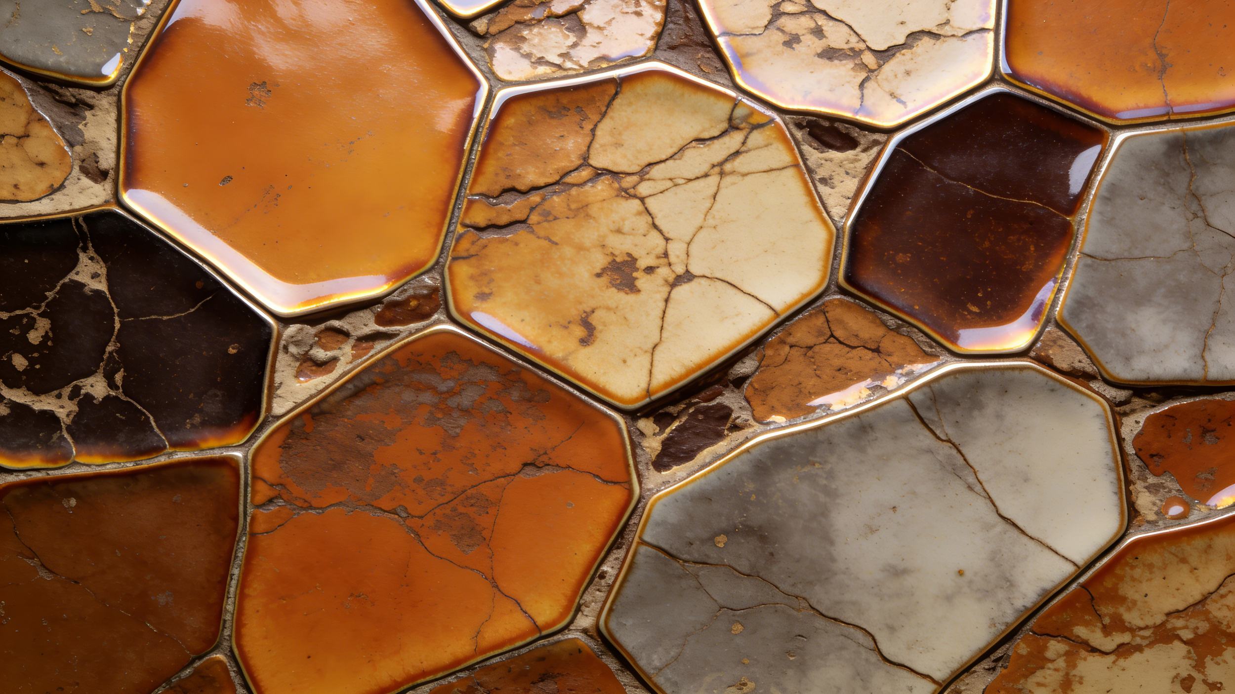 Close-up of colorful, cracked stones with glossy, polished surfaces, set in a mosaic pattern.
