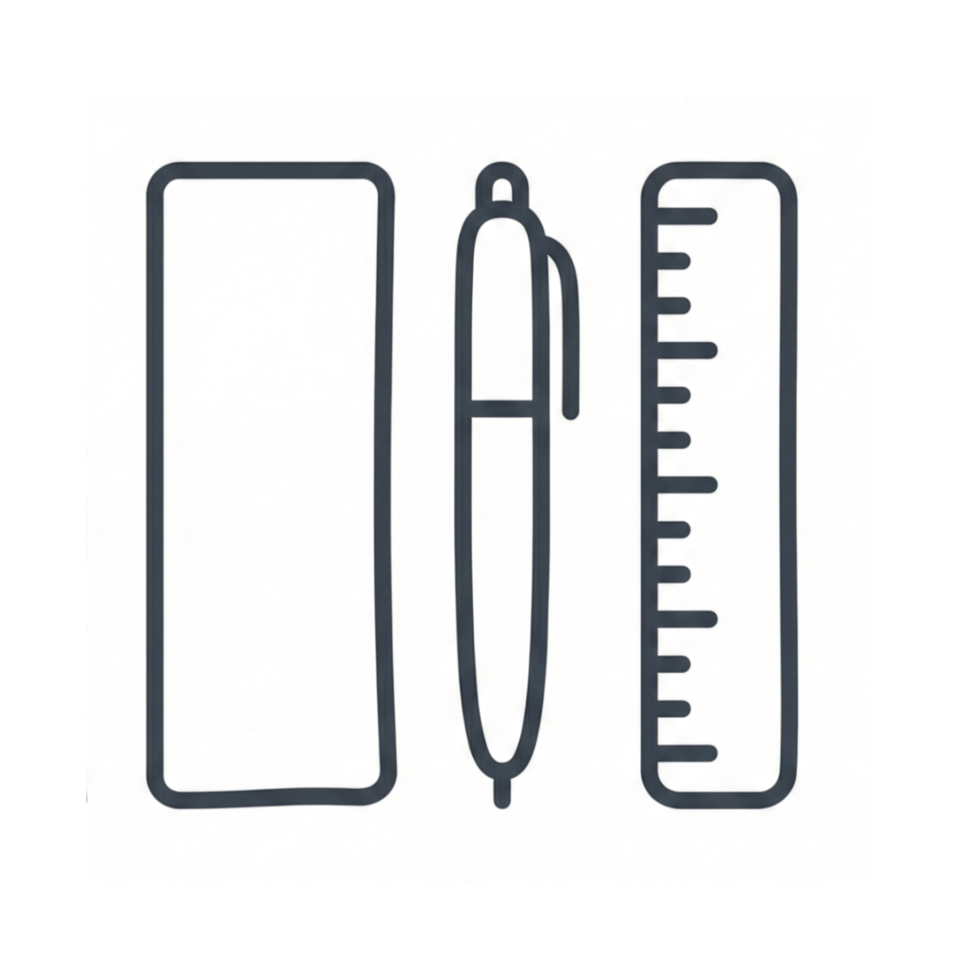 Illustration of a rectangular container, a pen with a clip, and a ruler with measurement markings.