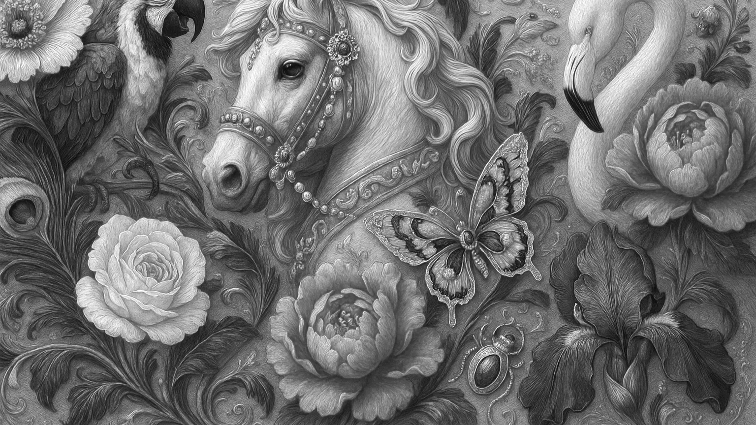 Black and white detailed drawing of a horse with flowing mane, surrounded by flowers, a butterfly, a peacock, and a swan, all in a decorative style.