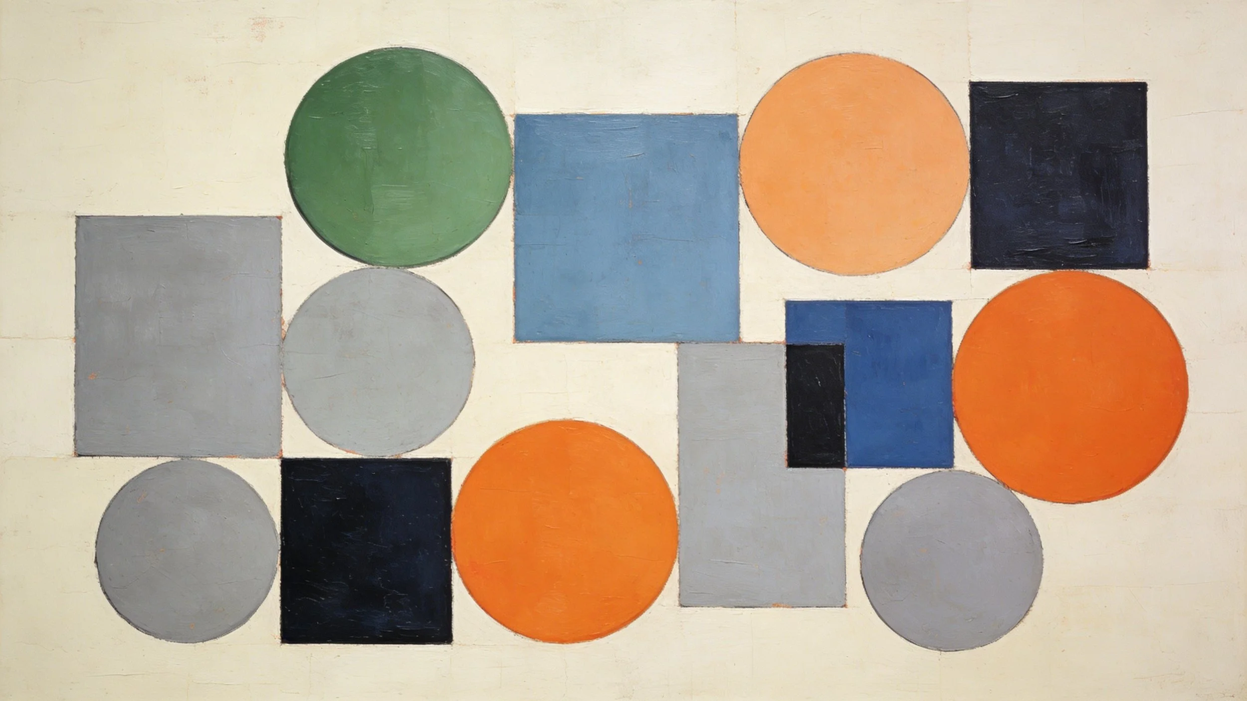 Abstract painting featuring various colored circles and squares on a light background.