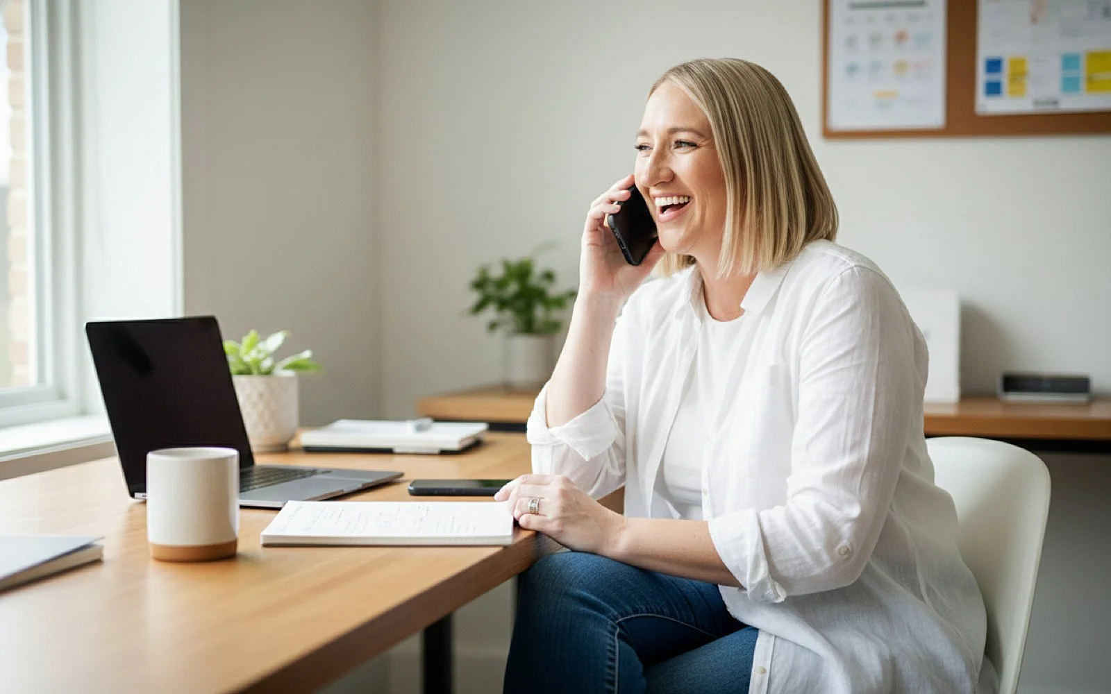 Sara McMillian smiling while talking with a branding client on the phone during a content session in Hutchinson, Kansas
