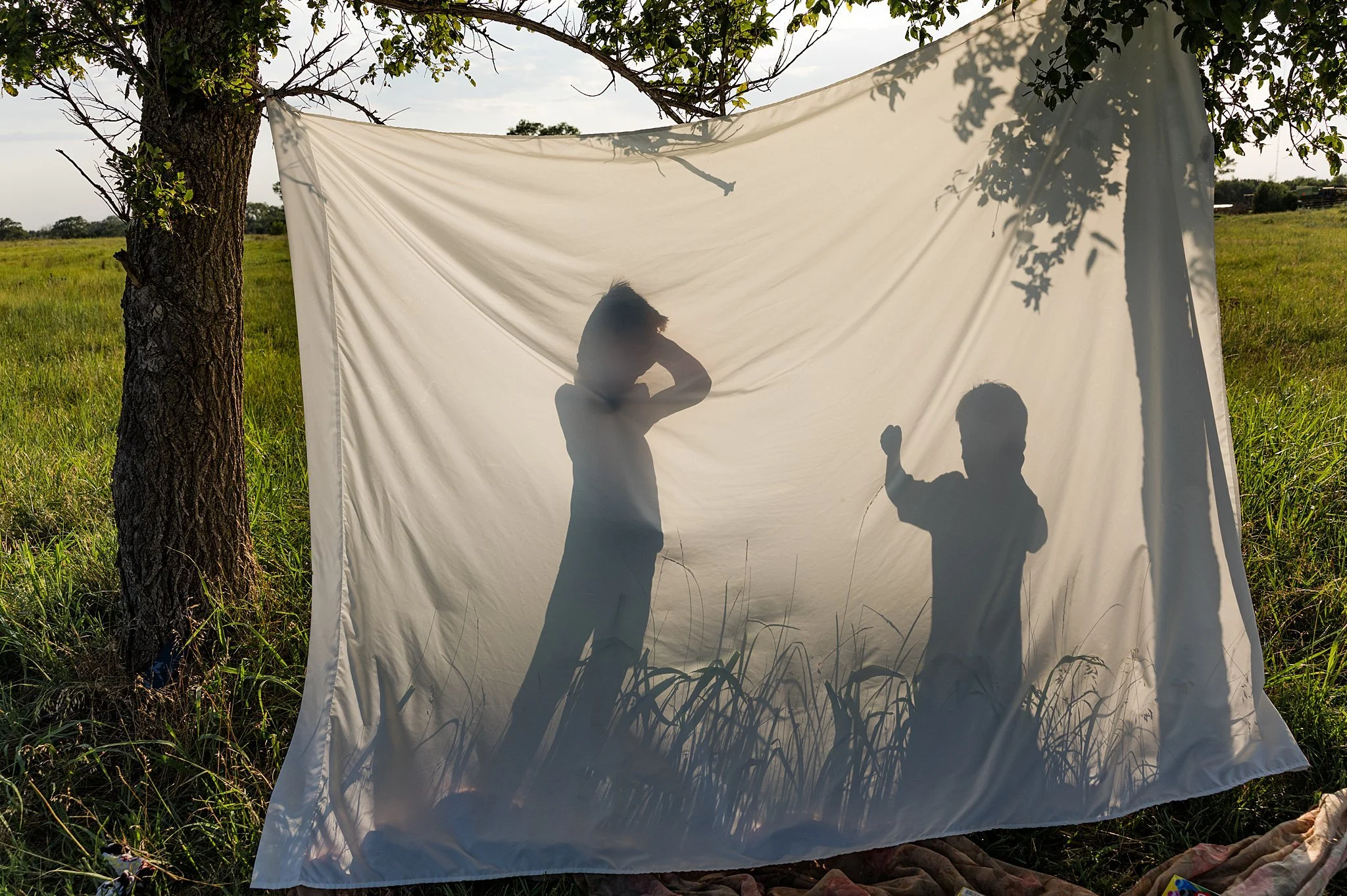 Two boys playing behind a sunlit white sheet hanging between trees on a farm in Burrton, Kansas.