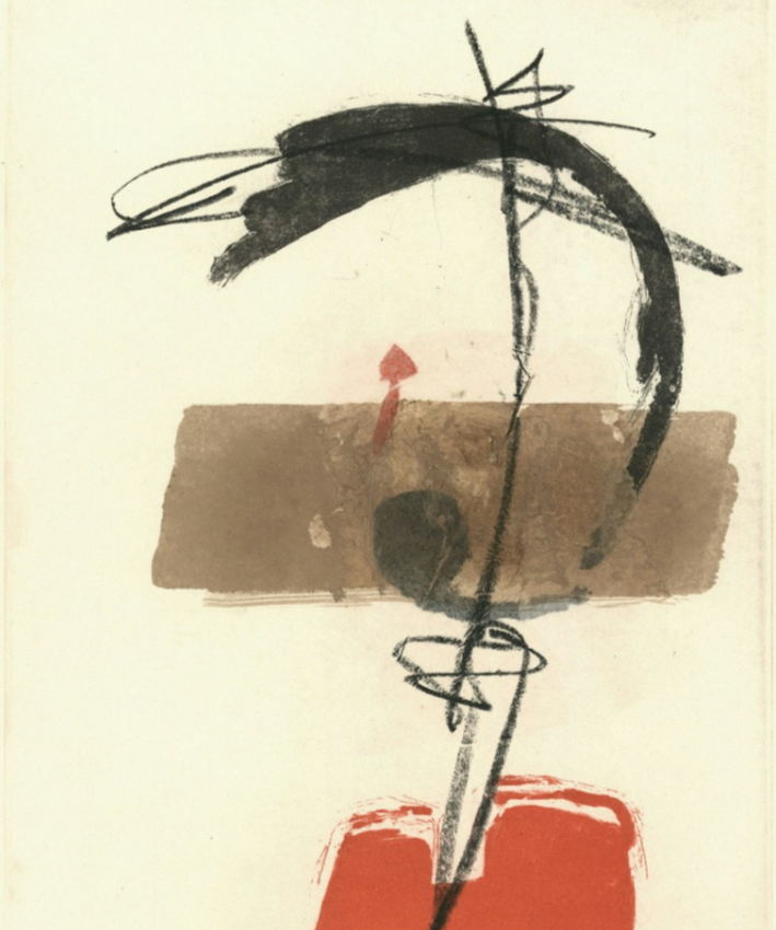 Abstract artwork with black ink strokes, a horizontal brown rectangle, and a red shape at the bottom.