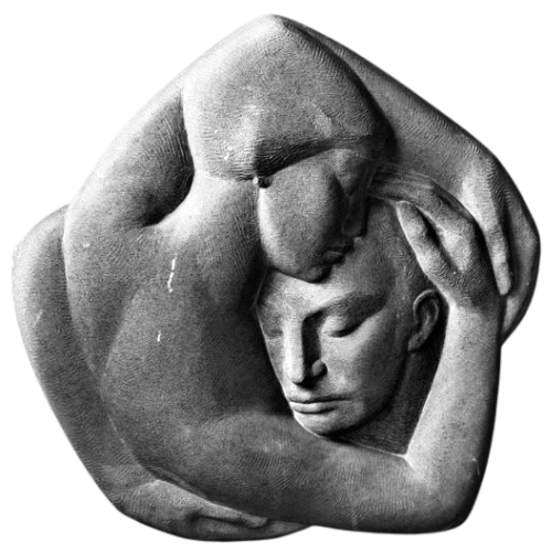 A black and white sculptural artwork of two intertwined faces with one embracing the other.