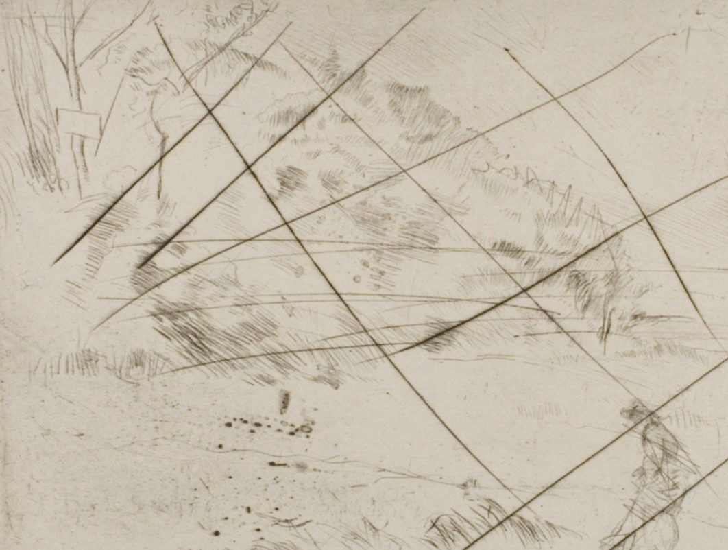 A sketch of a landscape scene with hills, trees, and a building, with several intersecting diagonal lines drawn over it.