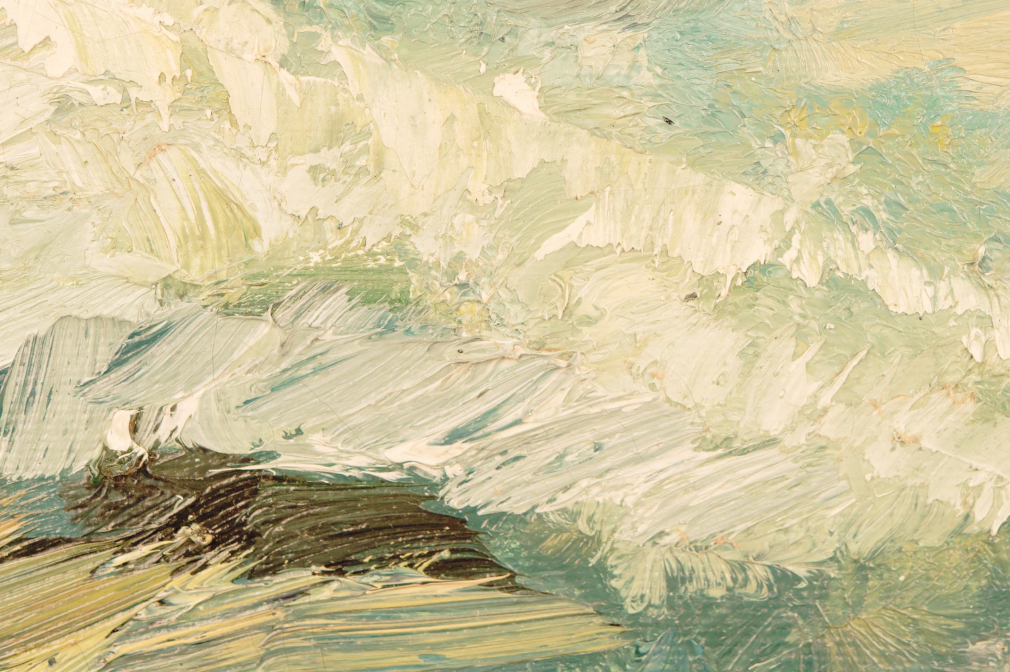 Close-up of an abstract oil painting with thick, textured brushstrokes in beige, light green, yellow, and dark green colors.