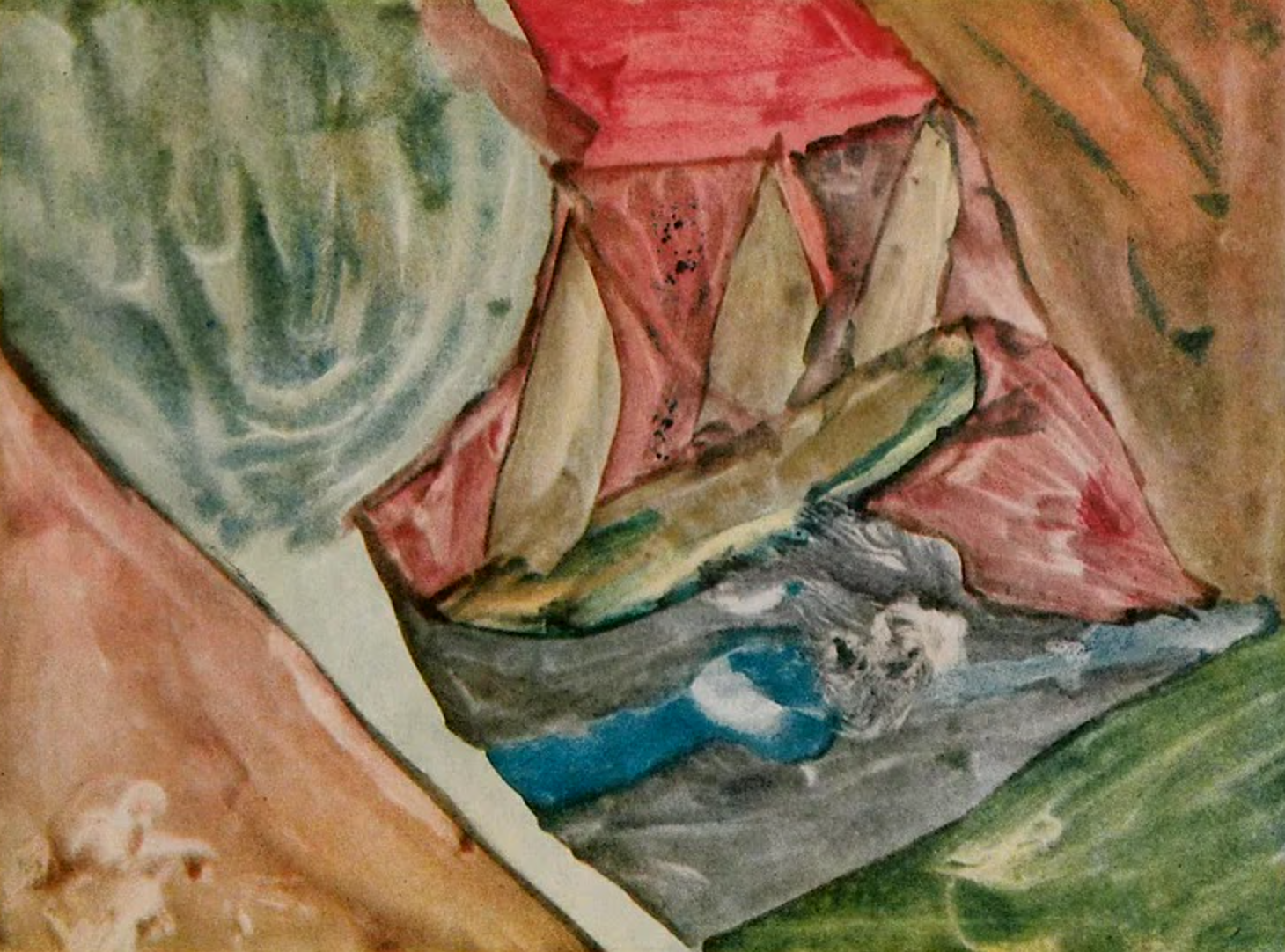 Close-up of a colorful, abstract or impressionistic painting with vibrant colors and irregular shapes.