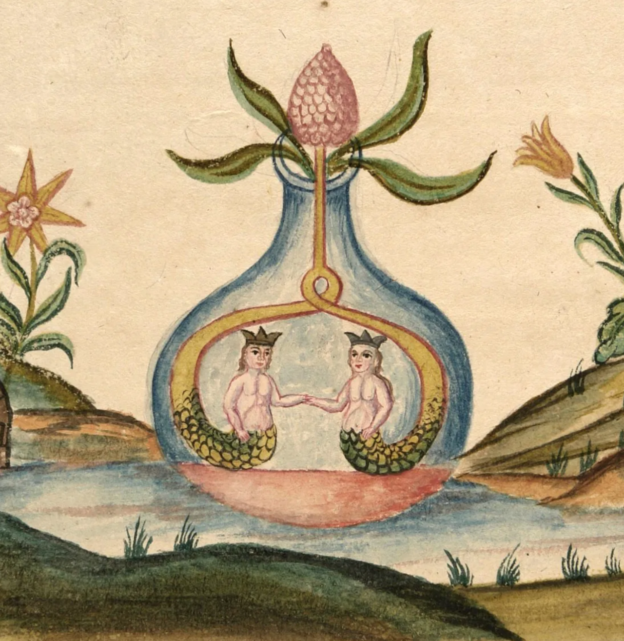A painting depicting two mermaid-like figures with human upper bodies and fish tails inside a blue vessel with a pink flower and green leaves above it, set on a landscape with water, hills, and additional flowers.