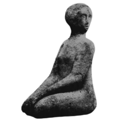 Ancient stone statue of a seated woman with short curly hair, facing right, with a serene expression.