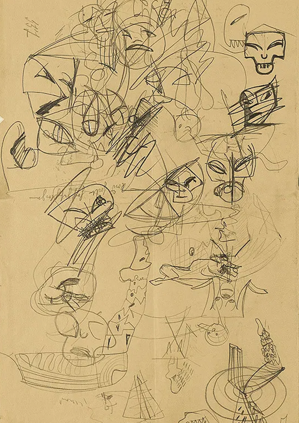 A messy sketchbook page filled with various rough sketches of faces, masks, and abstract figures, drawn with a black pen on tan paper.