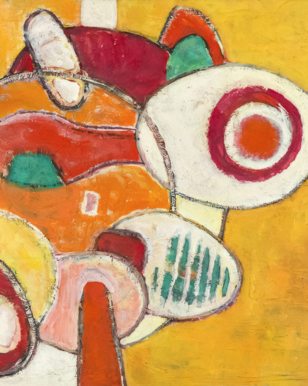 Abstract colorful painting featuring various oval and circular shapes in shades of red, orange, yellow, green, and white on a yellow background.