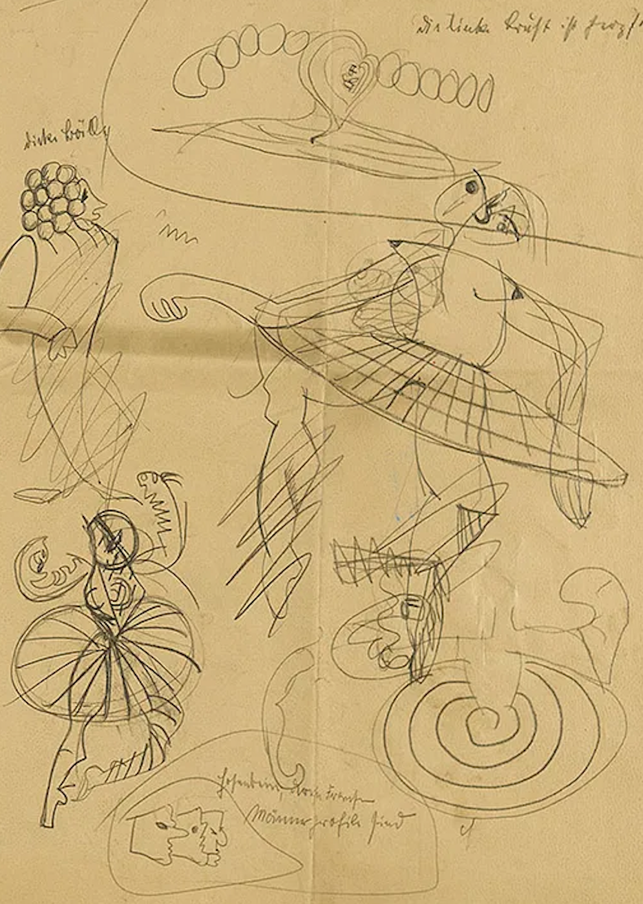 Sketches of various abstract and fantastical creatures, including a snake, a bird wearing a checkered cloak, a face with intricate patterns, and other whimsical designs on a yellowed paper.