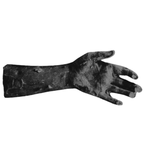 Close-up of a dirty, muddy hand with fingers extended, against a dark background.