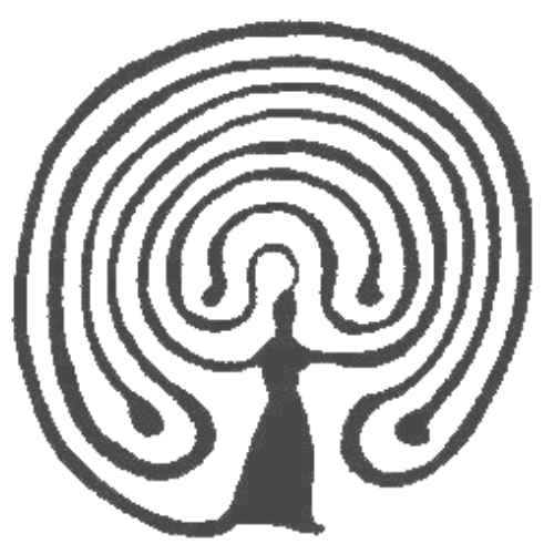 A black maze with a woman's silhouette at the entrance.