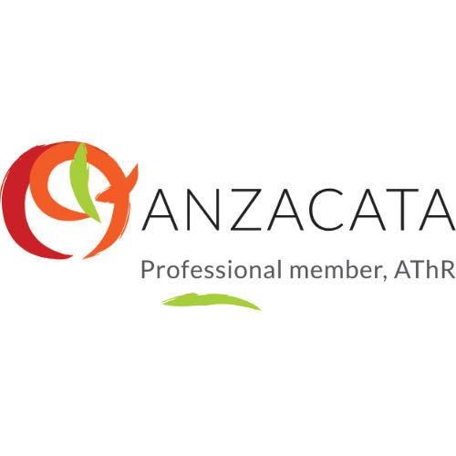 Logo for ANZACATA featuring a stylized orange, green, and red abstract design and text indicating a professional member organization with certification.