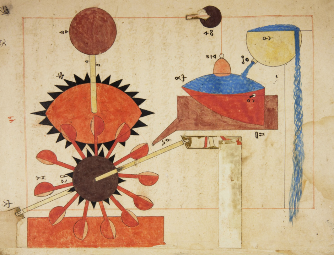 A colorful, abstract diagram with various geometric shapes connected by lines, resembling a scientific or mechanical schematic.