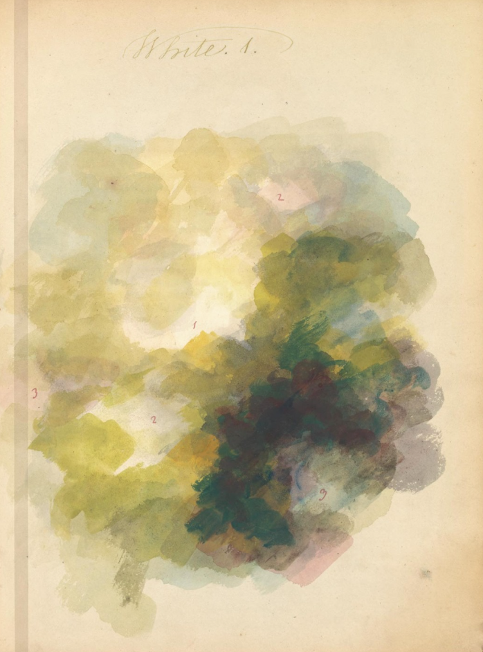 A watercolor painting with a variety of colors including shades of green, yellow, blue, and red. The painting appears to be a loose, abstract landscape or foliage. There are handwritten numbers and the word 'White' at the top.