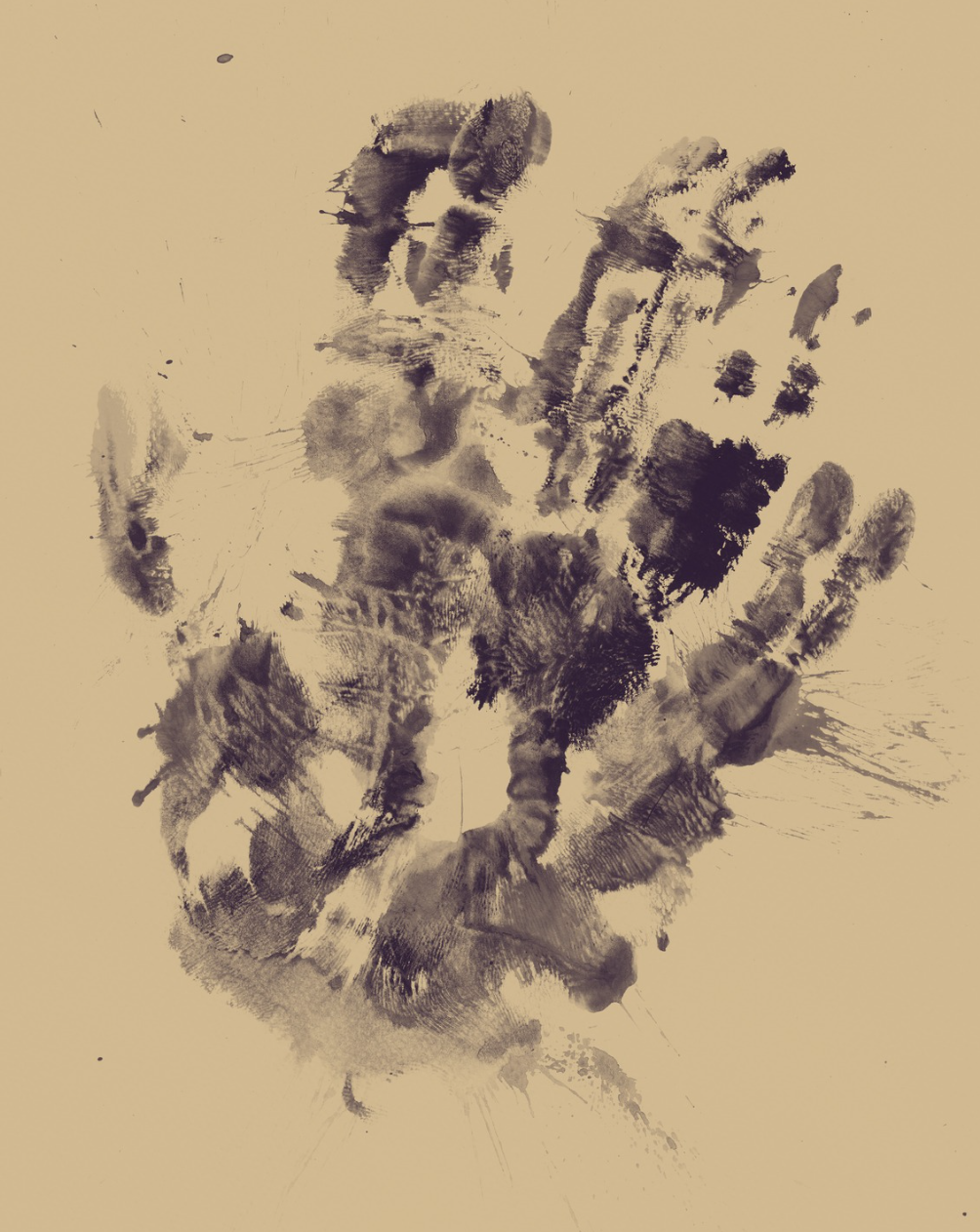 Black ink handprint on white paper with splatters and uneven edges.