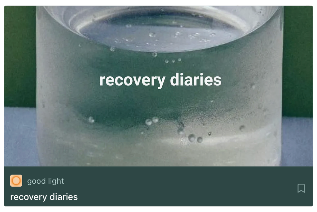 Close-up of a transparent container with liquid and bubbles inside, with the text 'recovery diaries' overlaid.