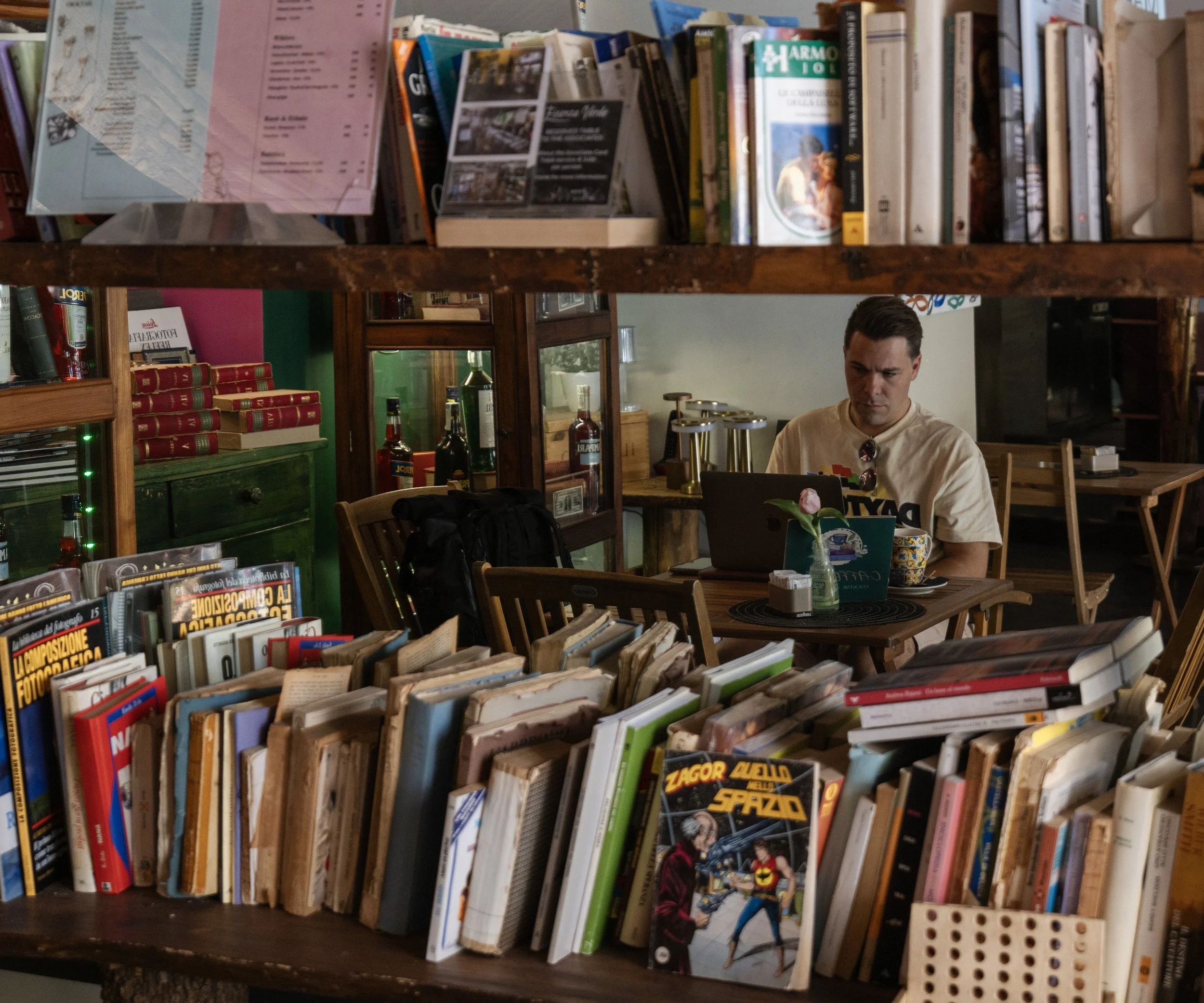 Interno di una libreria o caffè con scaffali pieni di libri e una persona seduta a un tavolo con un laptop, una pianta e altri oggetti.