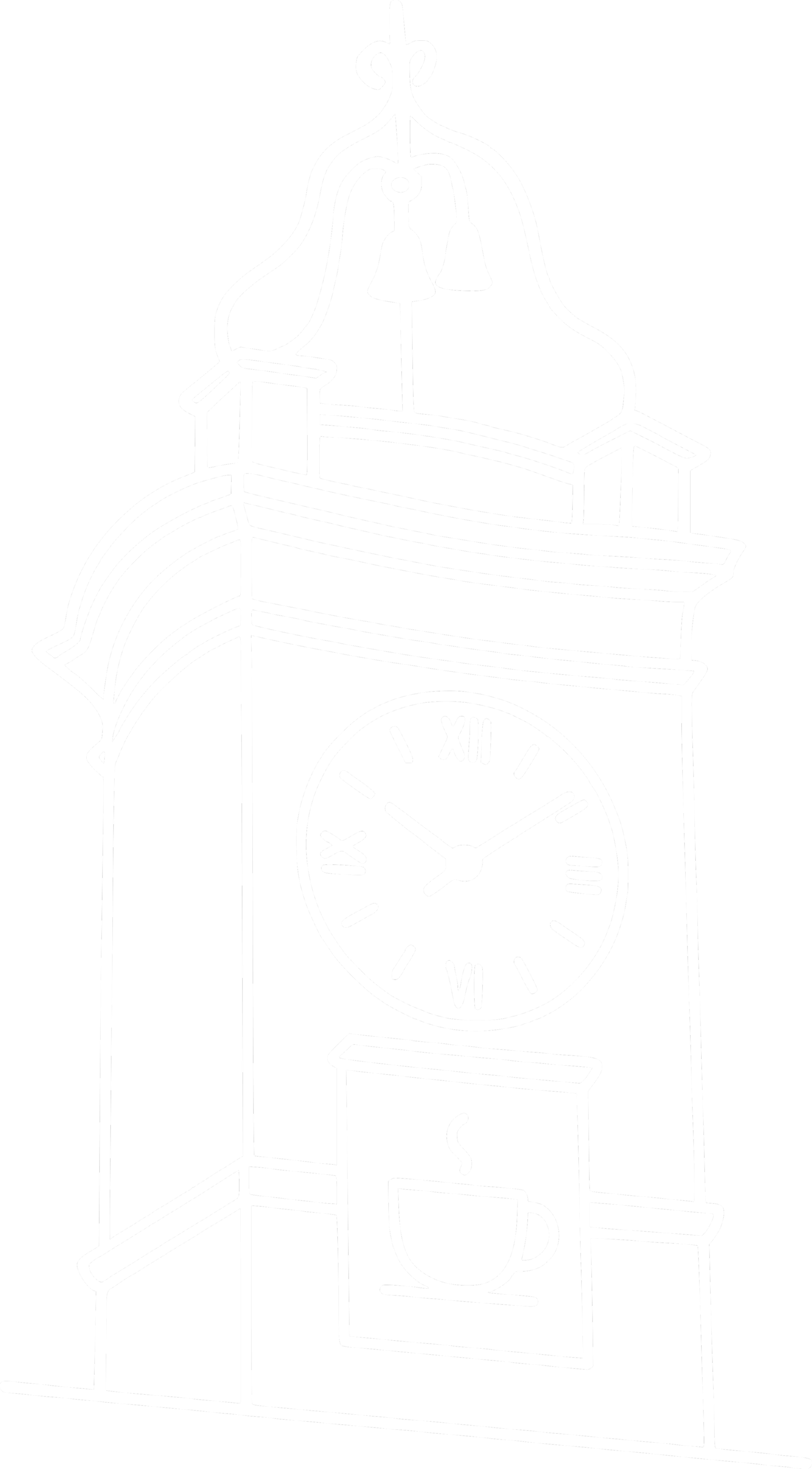 Illustrazione di un orologio con torri e una tazza di tè o caffè.