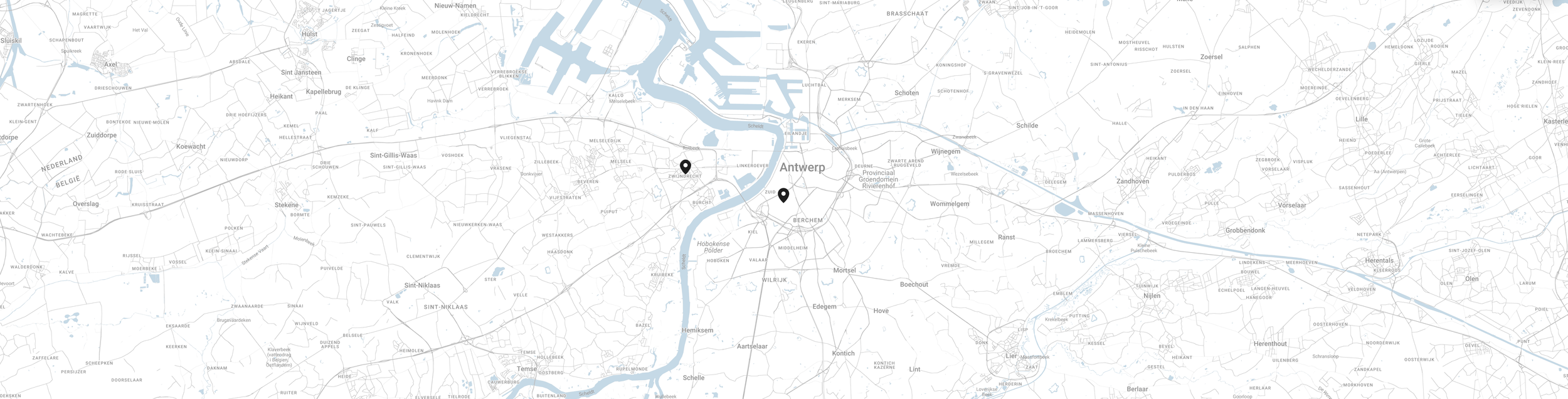 De kaart toont delen van Antwerpen en omgeving in België, met twee locaties gemarkeerd.