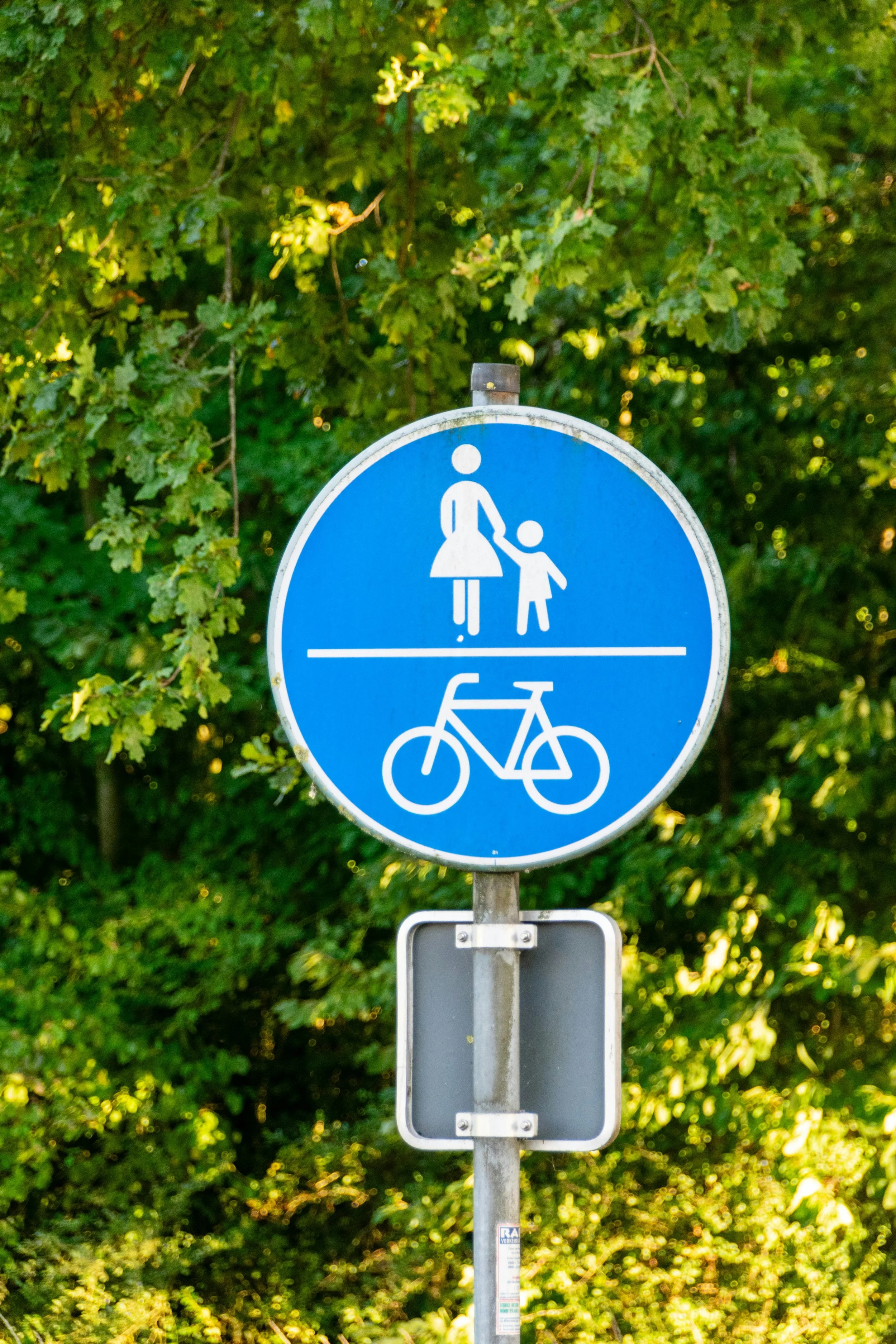 Wegwijzersign met pictogrammen van een vrouw, kind en fiets, gescheiden door een horizontale lijn, in een natuurlijke omgeving.