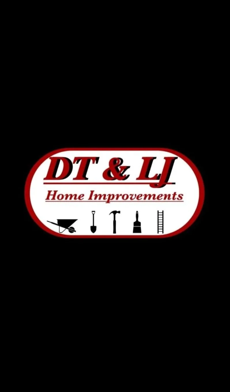Logo for DT&L Home Improvements featuring a black background, an oval white background with red border, red and black text, and icons of a wheelbarrow, shovel, hammer, paintbrush, and ladder.