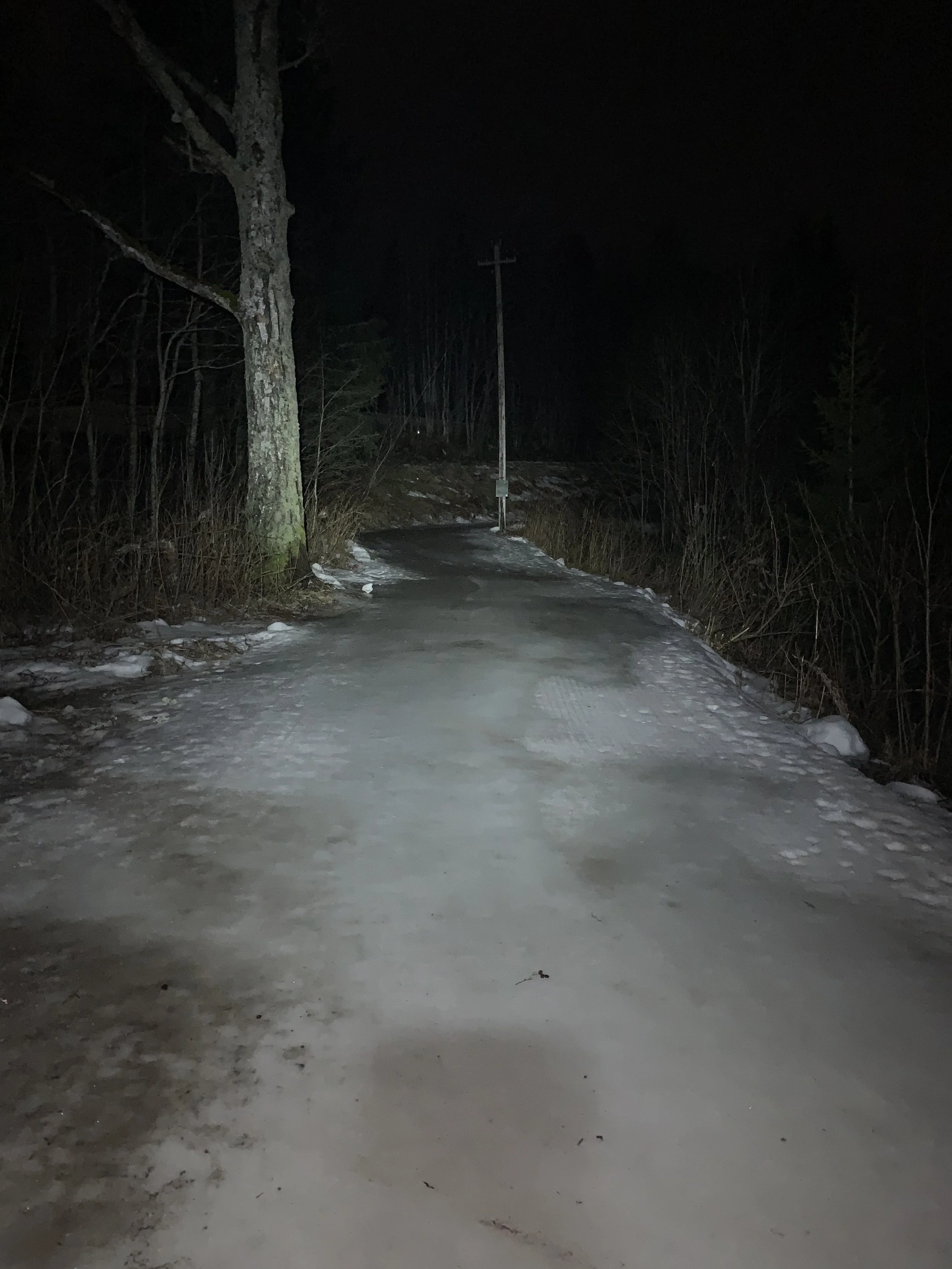 A dark, icy forest trail illuminated by a flashlight, with a utility pole along the path and snow on the ground.