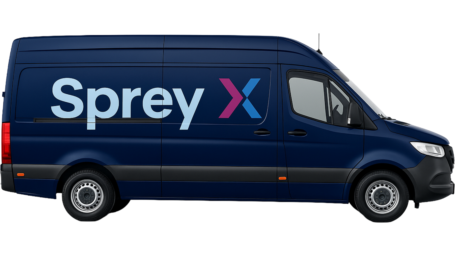Ein blauer Lieferwagen mit dem Logo 'Sprey X' auf der Seite.