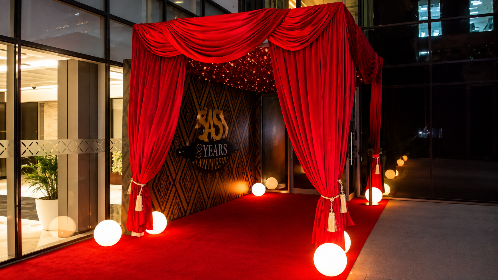 Custom Red Velvet Curtains, Carpet &amp; Printed Backdrop for SASS Café Dubai