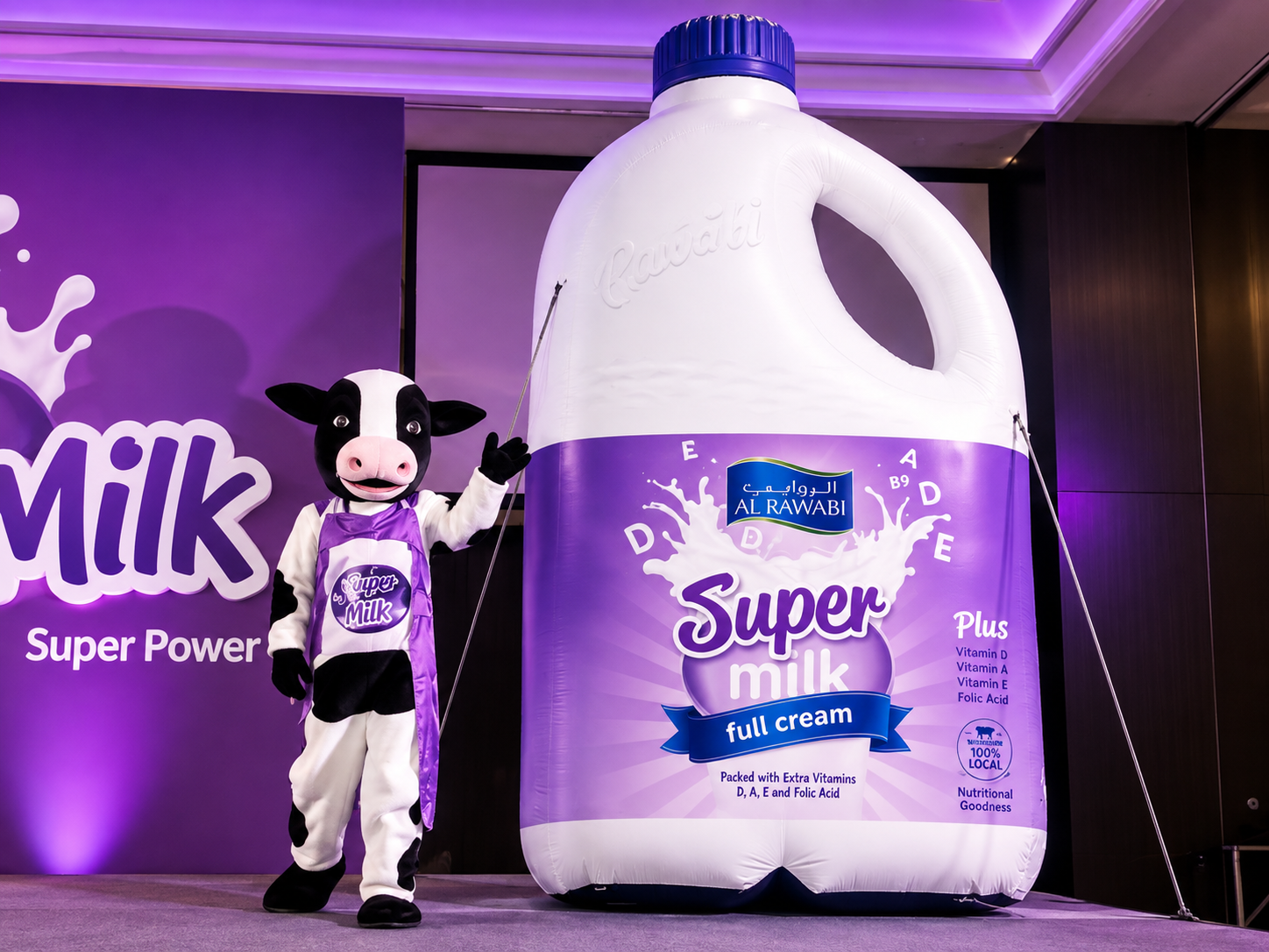 Giant Al Rawabi Milk Bottle &amp; Inflatable Cow Mascot for Promotional Event