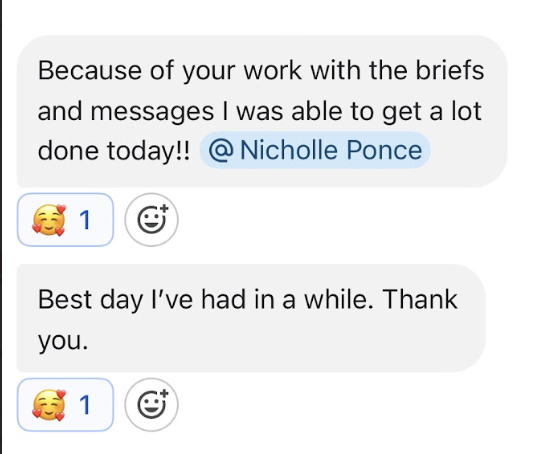 Screenshot of a text message conversation expressing gratitude and celebrating productivity, mentioning someone named Nicholle Ponce.