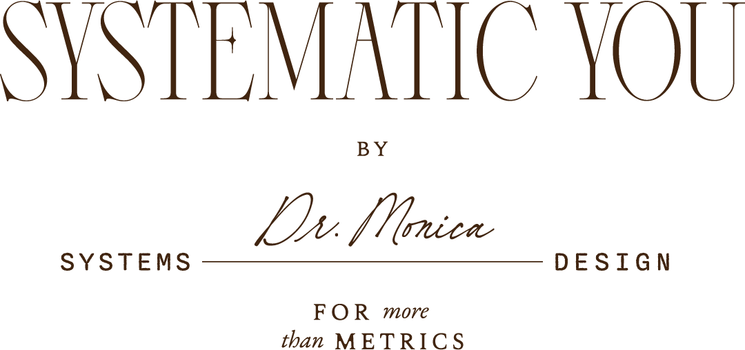 Book cover titled 'Systematic You' by Dr. Monica, focusing on systems and design for more than metrics.