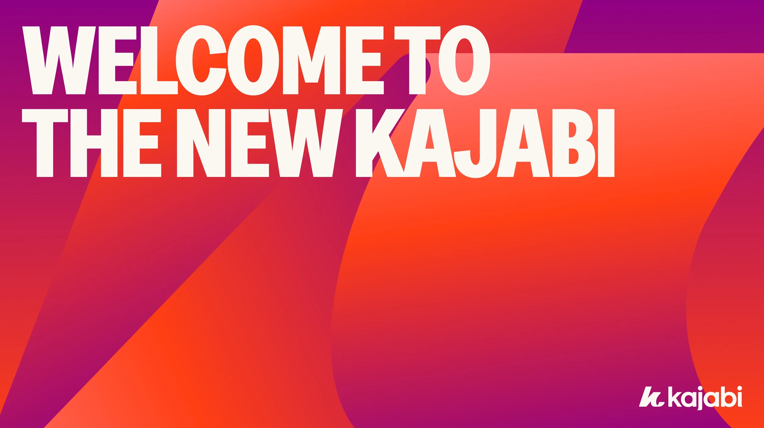 Colorful abstract background with large white text saying "Welcome to the New Kajabi" and a small Kajabi logo in the bottom right corner.