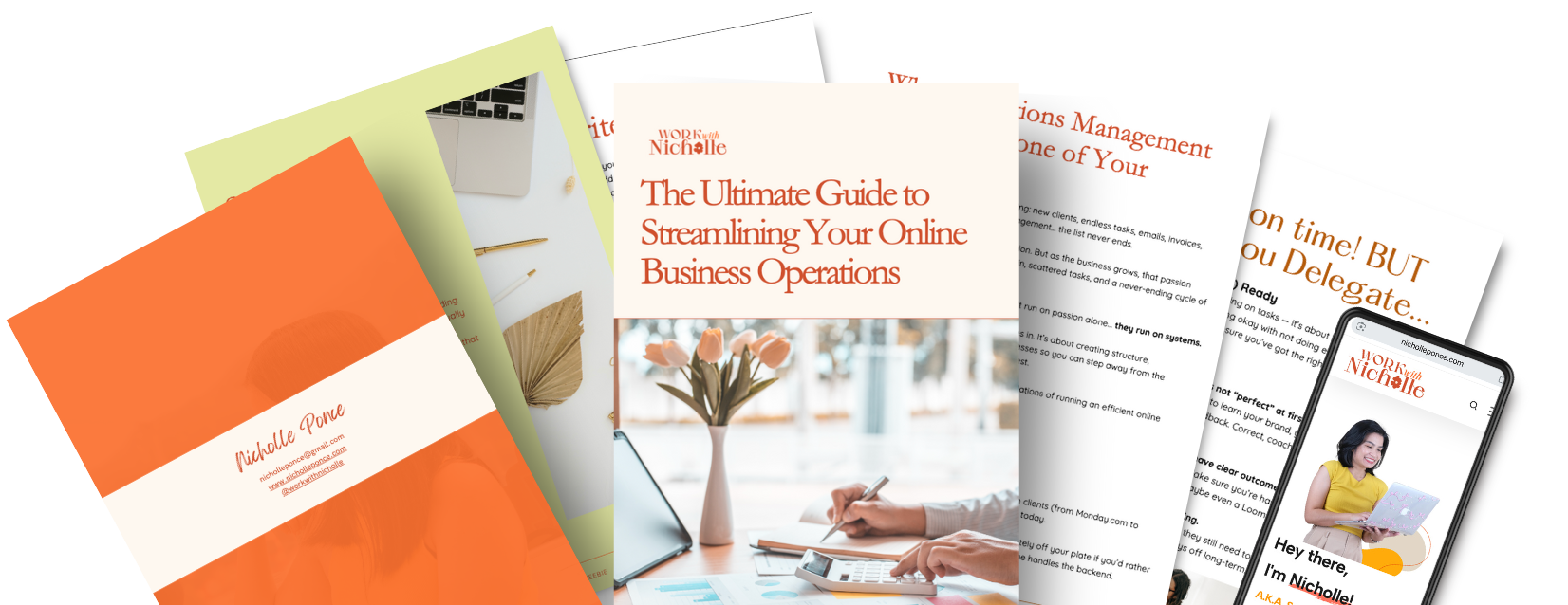 A collection of digital business presentation materials, including a booklet titled 'The Ultimate Guide to Streamlining Your Online Business Operations,' and a smartphone showing a picture of a woman in a yellow top holding a laptop. The materials feature orange and white color themes, with some text and images related to business productivity.