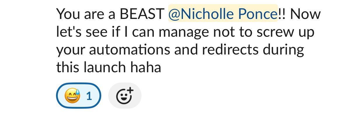 A screenshot of a social media post with text that reads: 'You are a BEAST @Nicholle Ponce!! Now let's see if I can manage not to screw up your automations and redirects during this launch haha.'